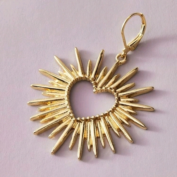 Women's Gold plated hollow heart burst spike punk dangle boho edgy earrings - Picture 7 of 13